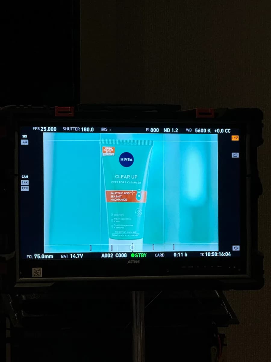 On set for VFX supervision on the NIVEA Derma Skin Clear shoot, Monitor